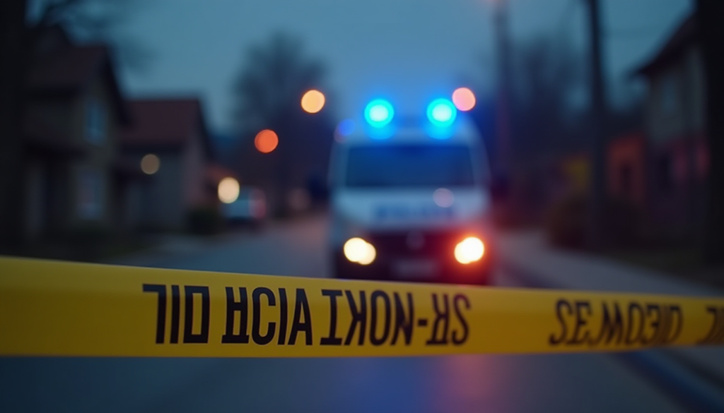 Cinematic low-angle shot of a Turkish police vehicle with blue and red flashing lights blurred in the background, a residential street in Sakarya with yellow police crime scene tape in the foreground, professional news photography, dramatic lighting, 8k resolution, realistic textures, no text.