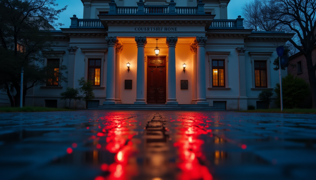 A dramatic, cinematic low-angle shot of a classic courthouse building entrance in Antalya at dusk. The scales of justice symbol is subtly visible in the architectural details. There are blurred police lights (red and blue) reflecting on wet pavement in the foreground to create a breaking news atmosphere. No text or logos.