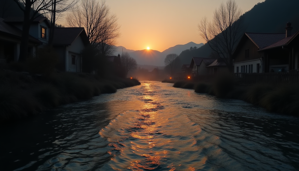 A cinematic, dramatic wide shot of a shallow river bed flowing through a rural Turkish village at dusk, soft orange sunlight hitting the water surface, rescue team flashlights visible as faint points of light in the distance, high resolution, photorealistic, no text, emotional and somber atmosphere.