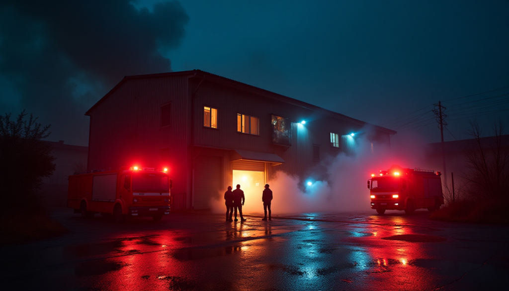 A dramatic wide-angle shot of a two-story industrial metal factory in Istanbul at night. Intense red and blue emergency lights from fire trucks reflecting on wet asphalt. Smoke rising from the ground floor manufacturing area. Firefighters in silhouette against the glowing embers of the entrance. Professional photojournalism style, cinematic lighting, high contrast, 8k resolution, no text or logos.