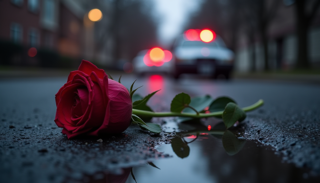A single red rose lying on cold grey asphalt, dramatic shadows, police siren lights reflecting on a puddle, representing loss and a crime scene.