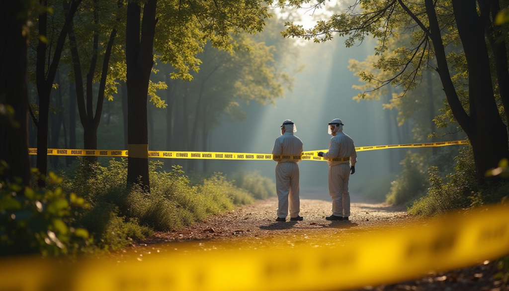 Realistic news photography of a crime scene in a wooded area near a city, yellow police line tape in foreground, forensic investigators in white suits working in the distance under daylight, Antalya atmosphere.