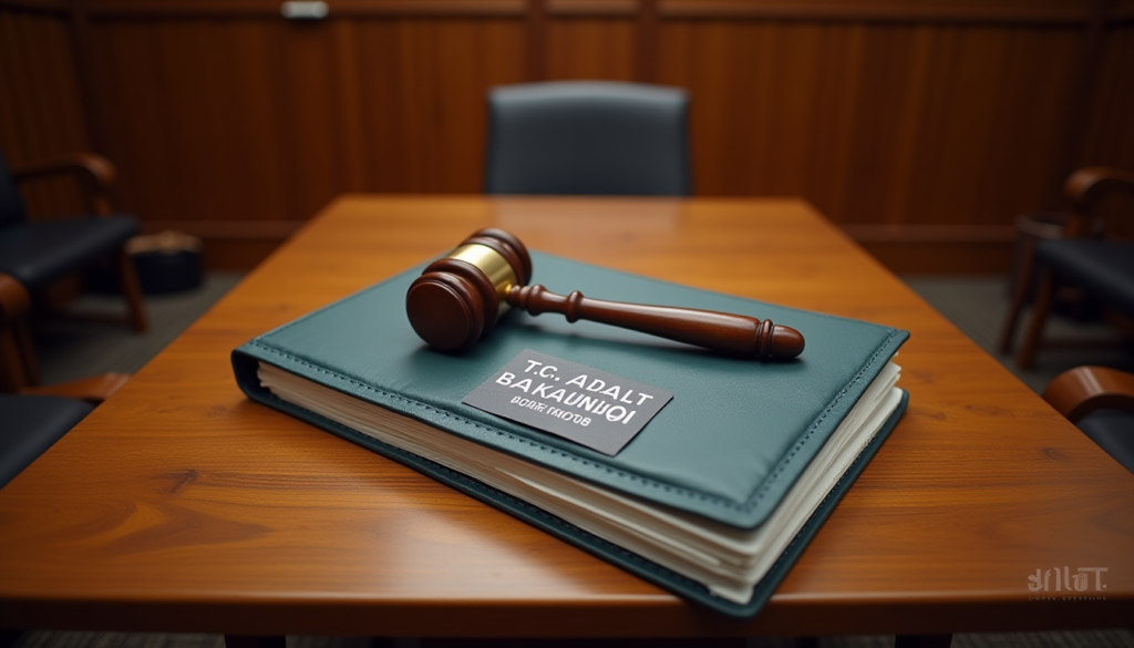 A high-angle realistic photo of a Turkish courtroom bench with a judge's gavel and a folder titled 'T.C. ADALET BAKANLIĞI', professional lighting, news agency style photography.