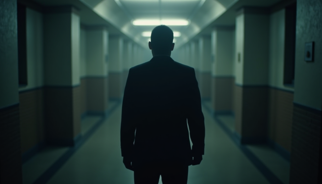 A silhouette of a person standing alone in the dark against a blurred background of an institutional building, muted colors, representing isolation and tragedy.