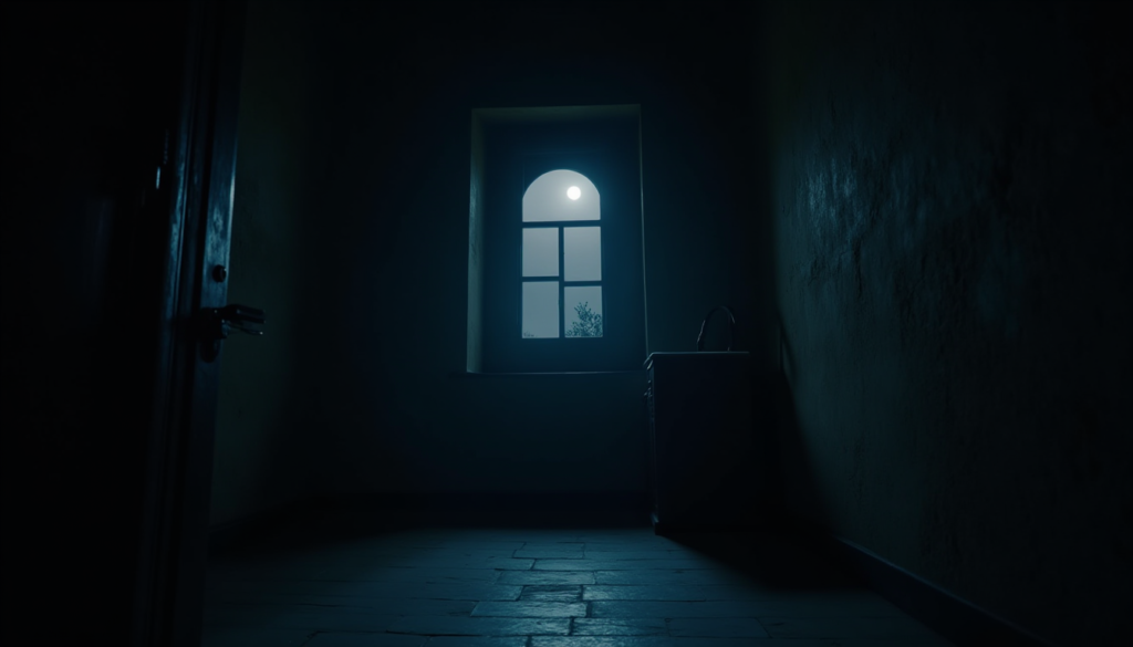 A realistic, dramatic wide-angle shot of a dimly lit traditional Turkish village house interior at night. The focus is on an old electrical wall outlet with a subtle blue electric arc spark effect. Soft moonlight enters from a small window, casting deep shadows on the floor. Cinematic lighting, photorealistic, 8k resolution, documentary style, no text or logos.