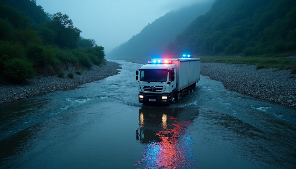 A cinematic, high-angle shot of a heavy white transport truck partially submerged in a rocky riverbed in a lush green valley in Giresun, Turkey. Emergency service blue and red lights reflect on the water surface during a misty evening, professional news photography style, highly detailed, dramatic atmosphere, no text.