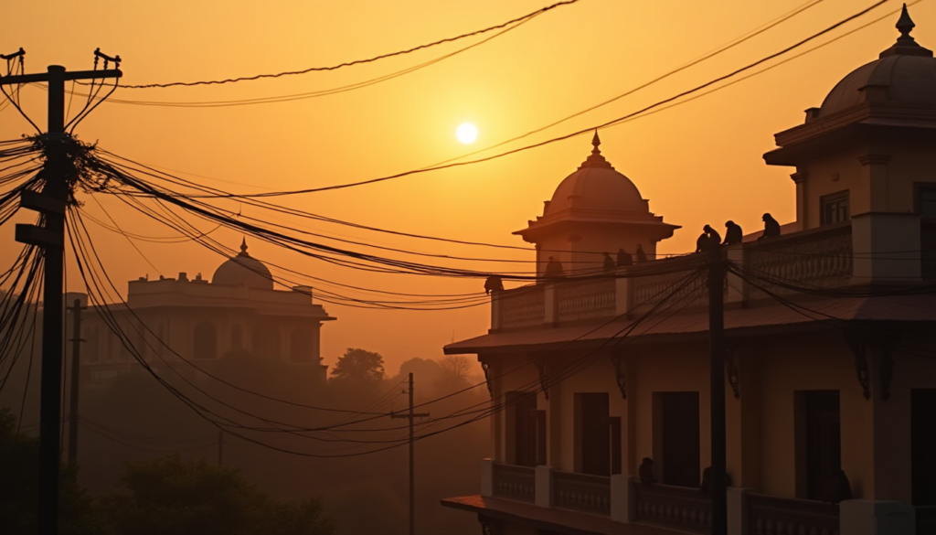 A highly realistic and dramatic wide shot of a traditional Indian heritage hotel building in Chhatarpur. Thick, messy high-voltage electricity cables are crisscrossing very close to the rooftops. The sky is a hazy orange during sunset. Several monkeys are visible sitting on the edges of the roof. Dramatic lighting, 8k resolution, cinematic atmosphere, no text or logos.