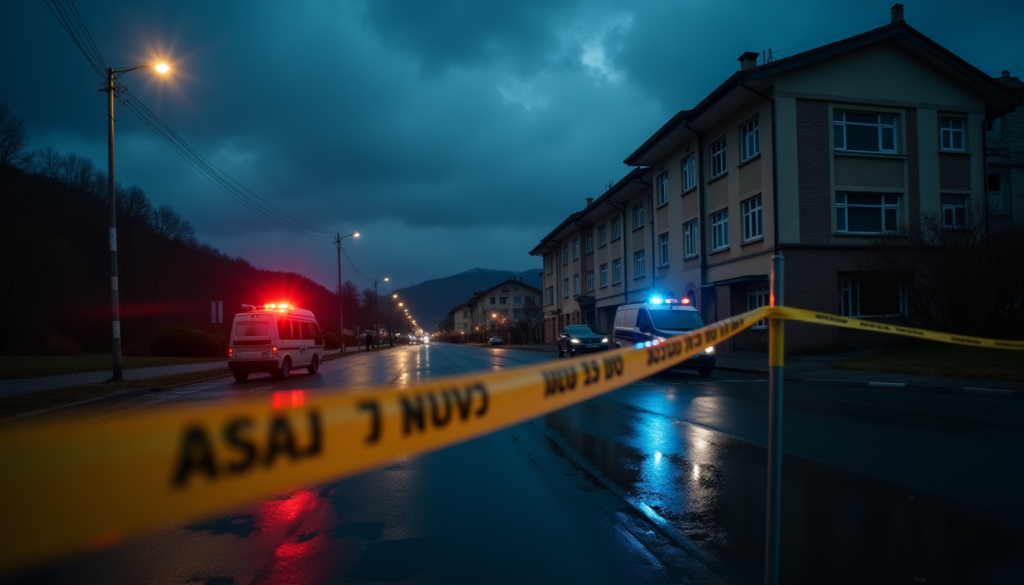 A dramatic, cinematic wide shot of a Turkish secondary school building at dusk. The sky is dark and stormy. Blurred yellow police line tape is in the extreme foreground. Reflections of red and blue police strobe lights are visible on the wet pavement. No people, no faces, high-resolution photography, mournful atmosphere.