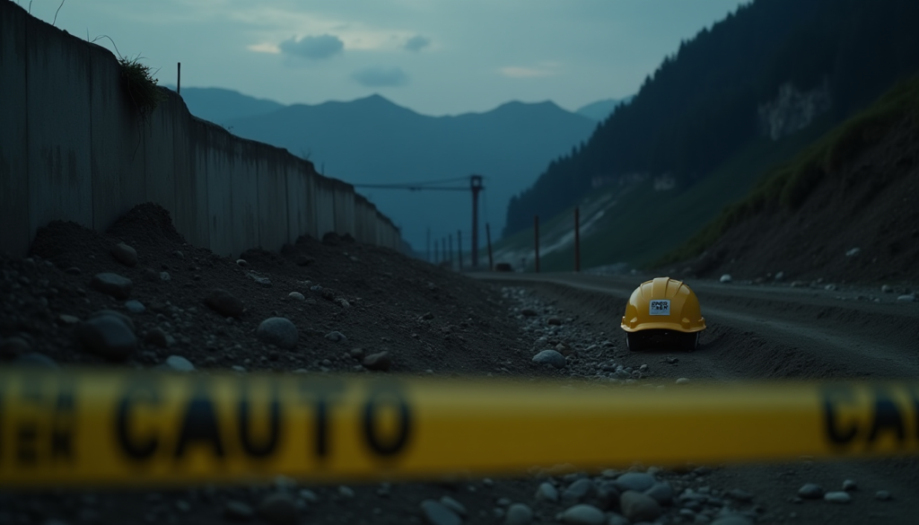 A dramatic, photorealistic wide shot of a construction site in a mountainous region like Şırnak at dusk. Yellow police caution tape is in the foreground, blurred. In the background, a deep dirt trench next to a concrete retaining wall, a single construction helmet lying on the ground near the edge, moody lighting, 8k resolution, cinematic atmosphere, no text or logos.