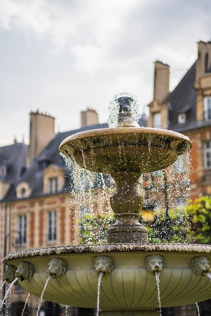 fountain, nature, water, city square, water fall, city, vosges place, paris, france