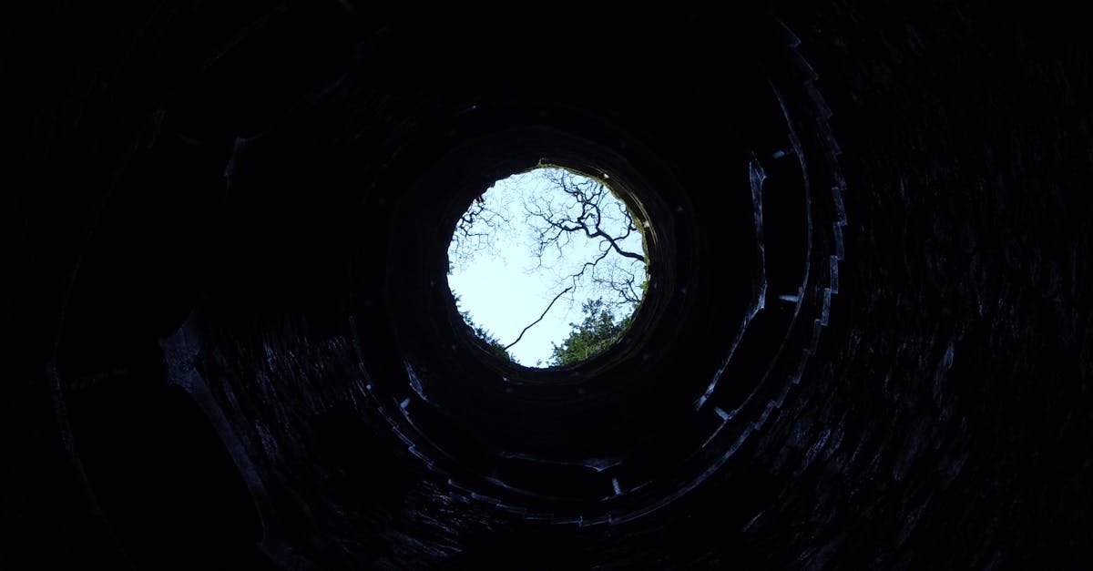A dramatic upward view from inside a circular well in Sintra, Portugal.