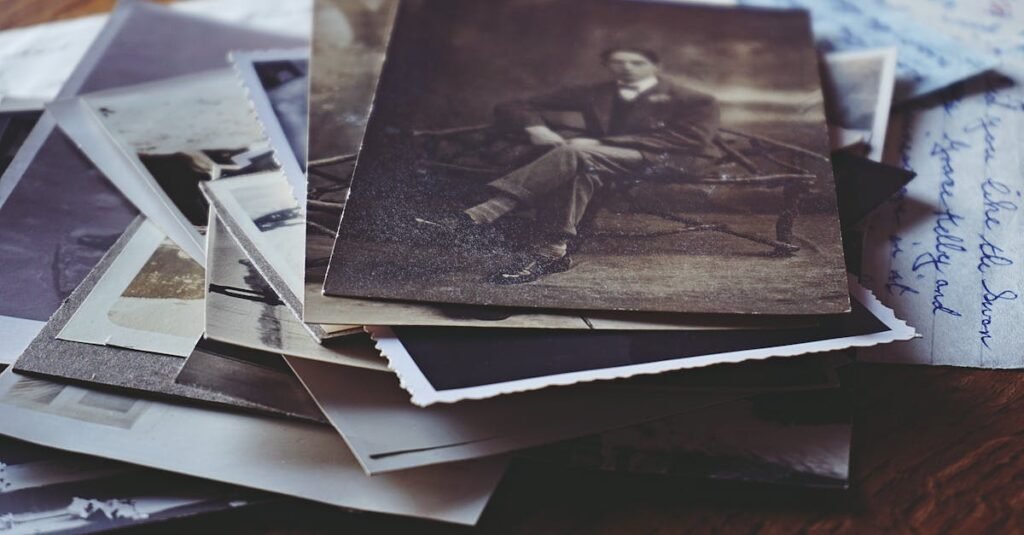 A nostalgic collection of vintage photos and handwritten letters, depicting memories and stories from the past.