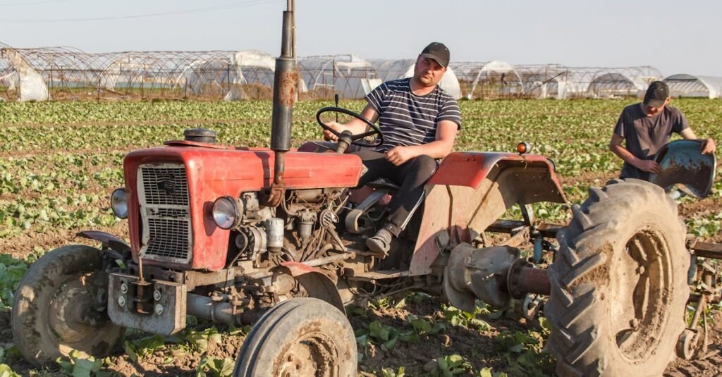 A farmer operates a red tractor in a lush green agricultural field under clear blue skies.