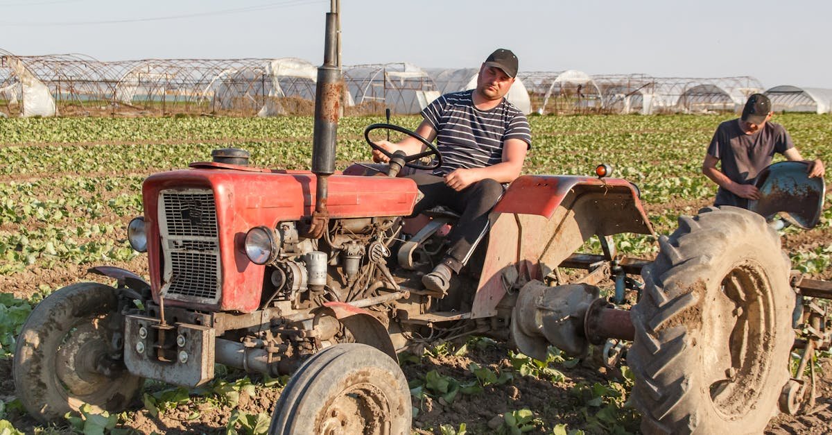 A farmer operates a red tractor in a lush green agricultural field under clear blue skies.