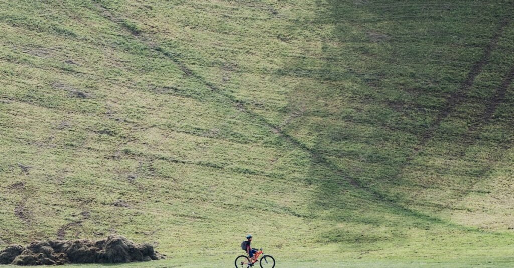 A lone cyclist enjoying a peaceful ride through a lush green landscape by the water.