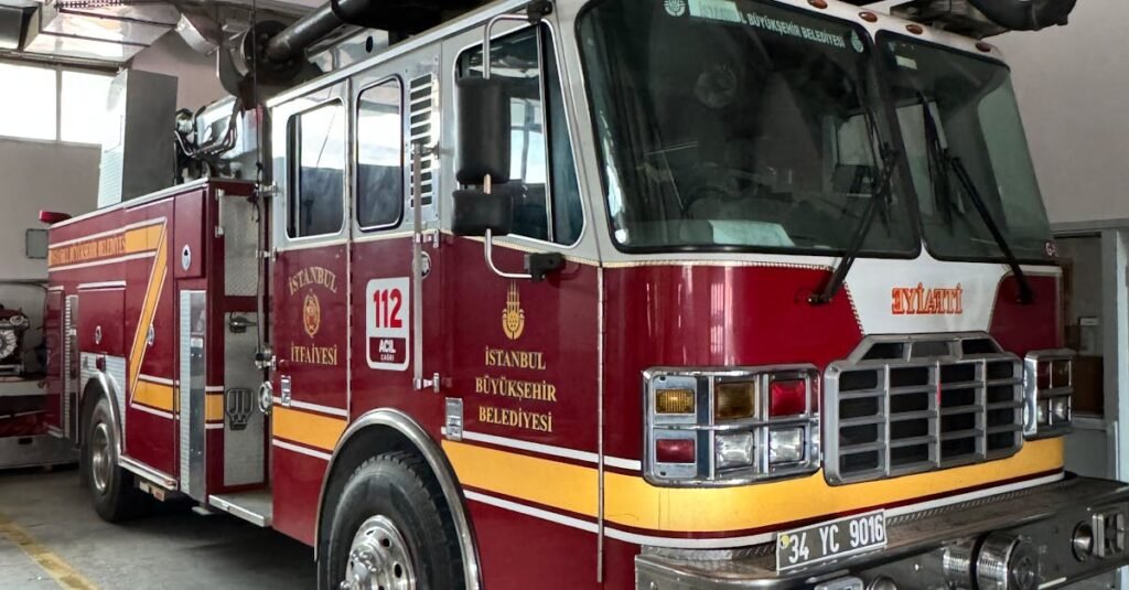 Fire truck of İstanbul Büyükşehir Belediyesi in station garage.