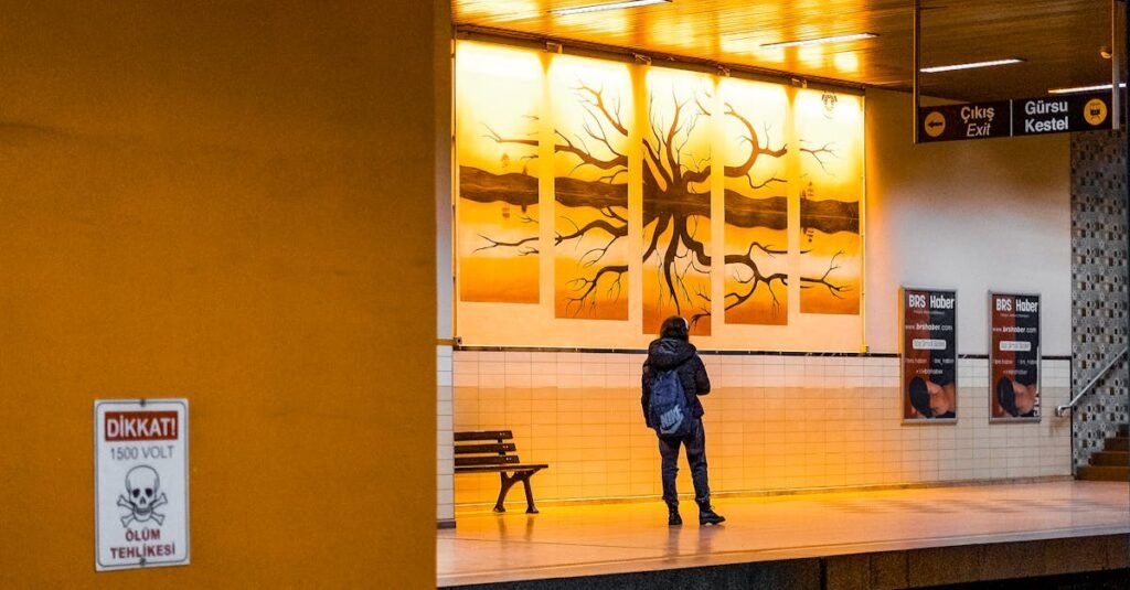 A person stands at Bursa metro station, admiring a striking art piece under warm lights.
