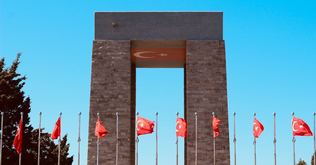 The Turkish national monument with multiple flags waving under a clear blue sky, symbolizing patriotism.