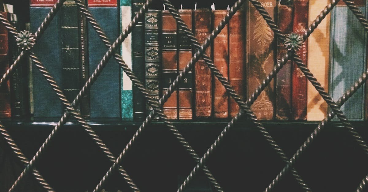 Historic books displayed on a shelf secured with iron bars, ideal for educational and vintage themes.