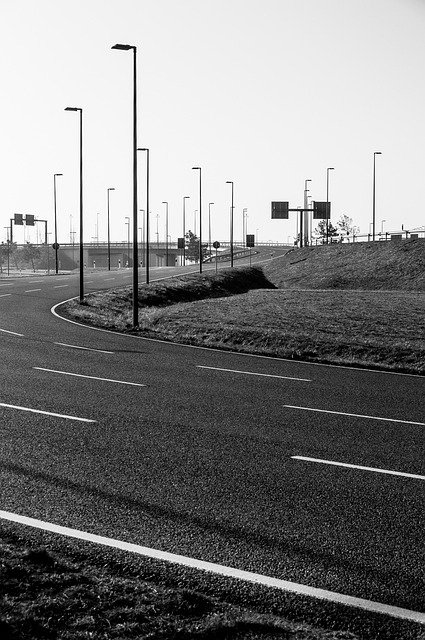 road, highway, monochrome, asphalt, roadway, curve