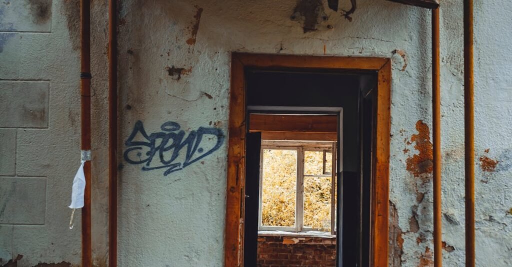 A weathered doorway with graffiti on an abandoned building exterior.