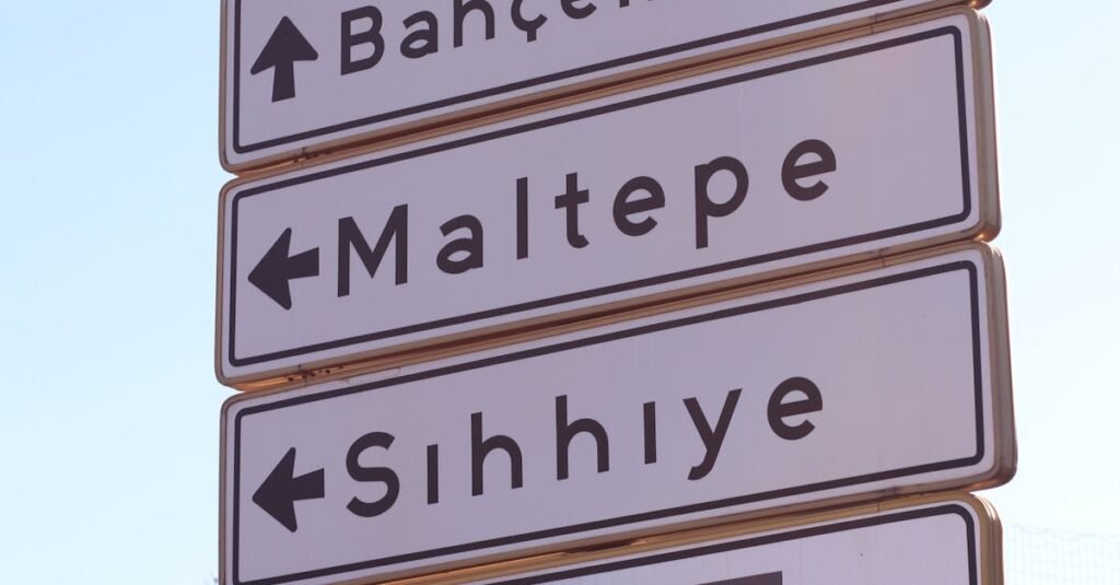 Road sign in Ankara pointing to Anıtkabir and various districts. Clear sky background.