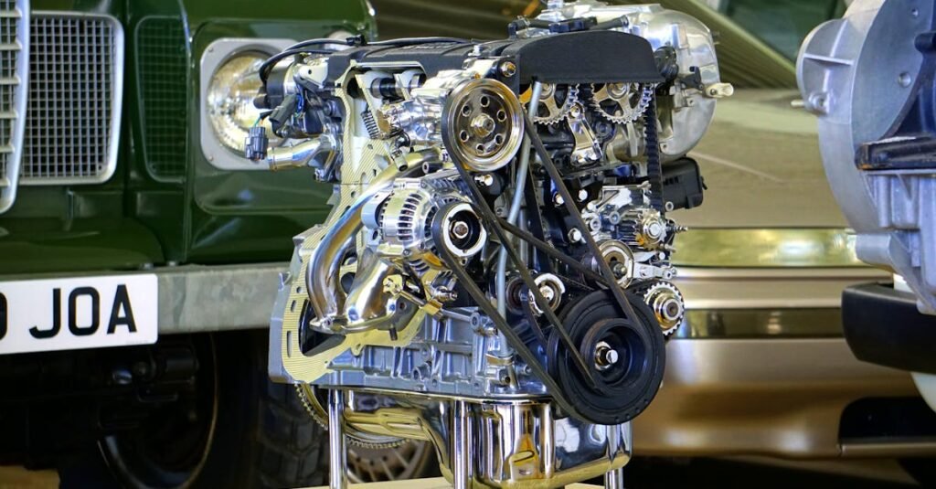 Detailed view of a polished car engine in an exhibition setting.