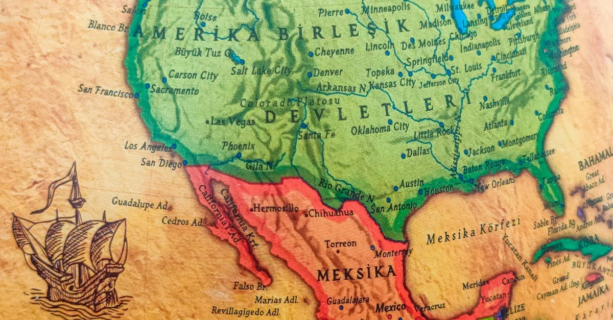 Detailed vintage map of North America featuring historic ship drawing. Highlights USA, Mexico, cities.