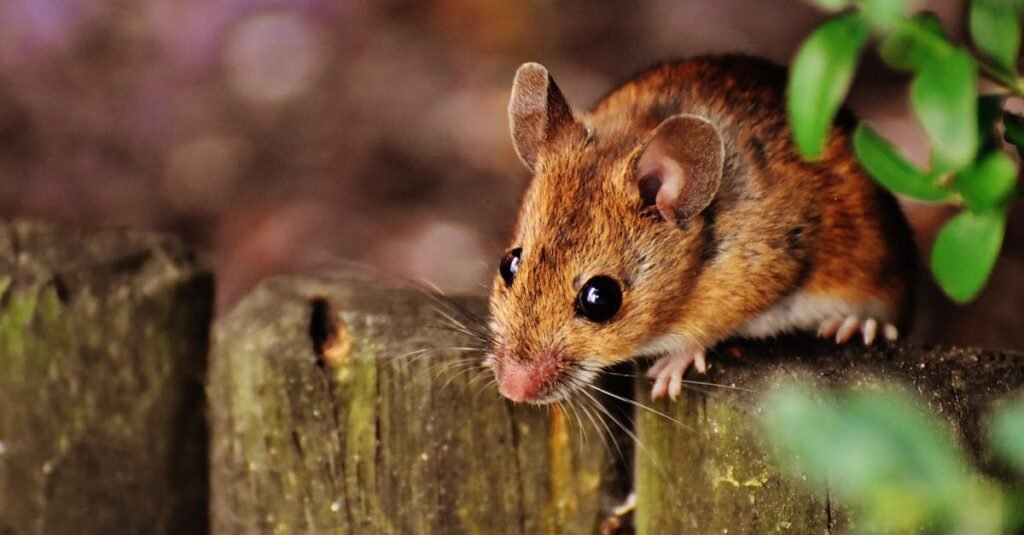 Adorable mouse peeking over a rustic wooden fence amidst greenery in a natural setting.