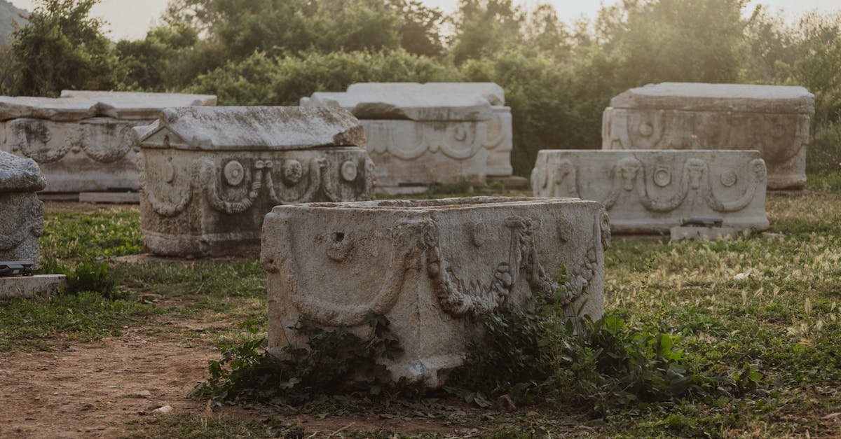Explore ancient Roman sarcophagi with ornate carvings in Ephesus, Turkey.