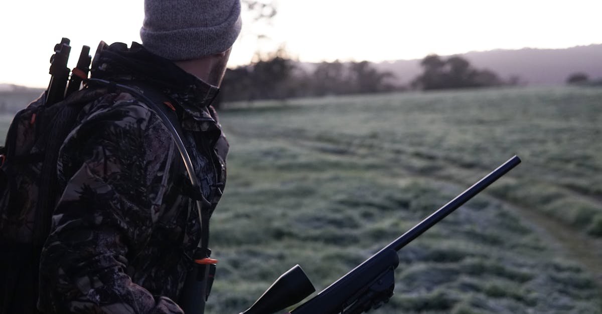 Camouflaged hunter surveying the landscape with rifle at dawn in Victoria, Australia.