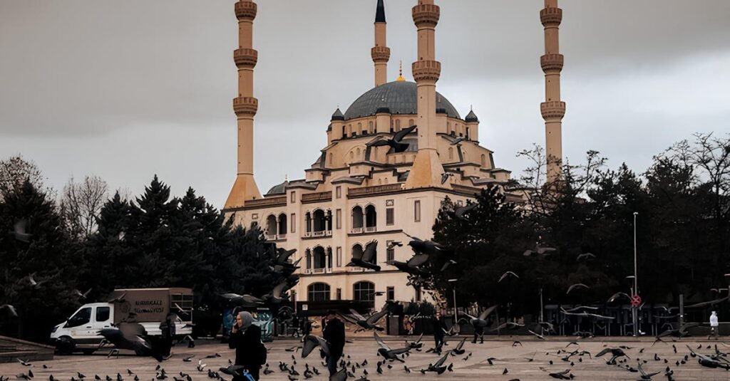 Stunning view of a mosque in Kırıkkale, Turkey surrounded by pigeons under a cloudy sky.