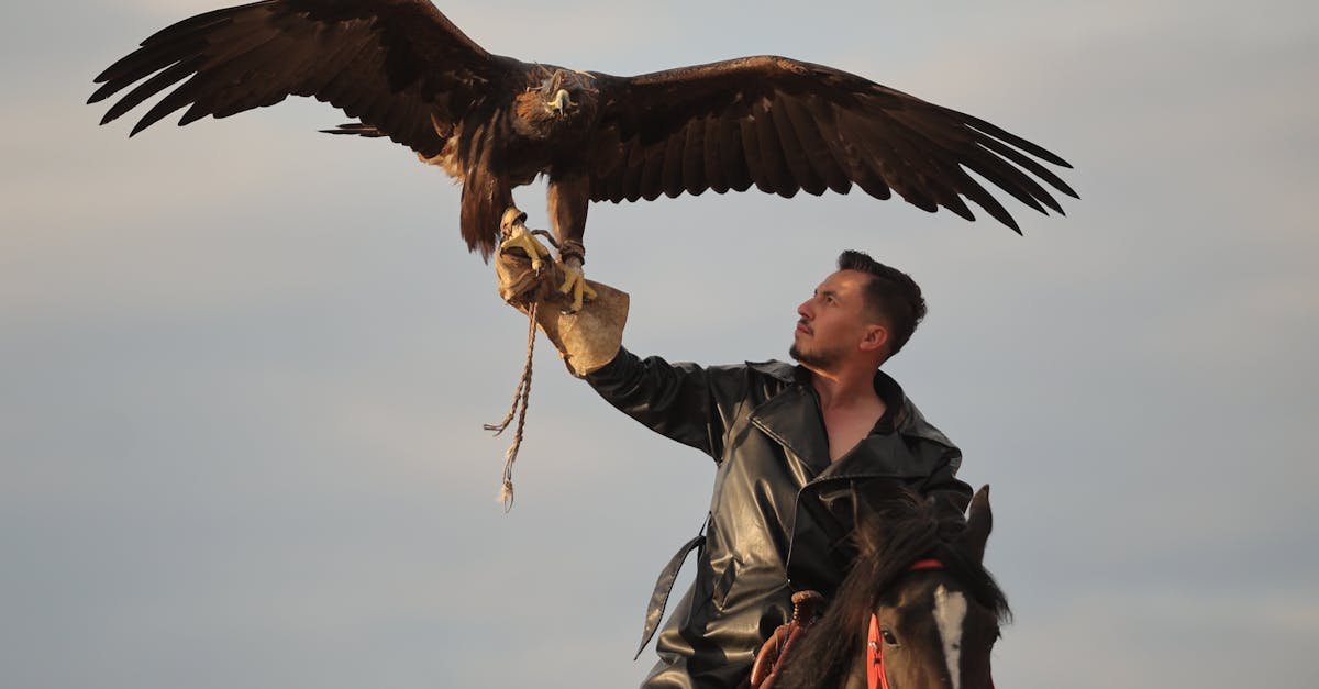 A Kyrgyz eagle hunter on horseback with a trained golden eagle in the mountains.