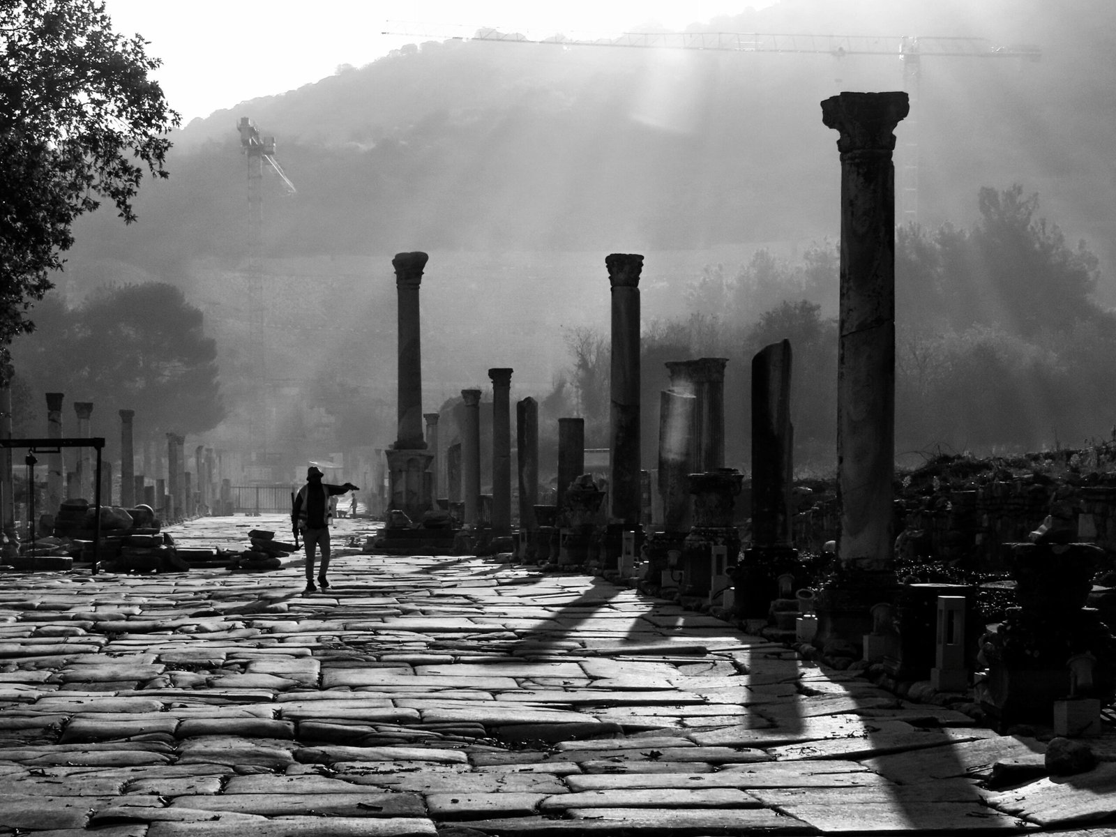 A striking black and white view of ancient ruins in Ephesus, İzmir under dramatic sunlight.