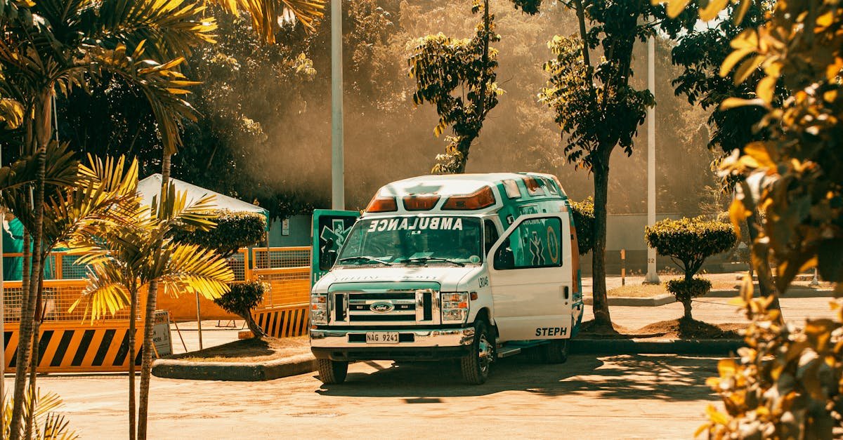A parked ambulance in a sunny outdoor space, surrounded by trees and urban elements.