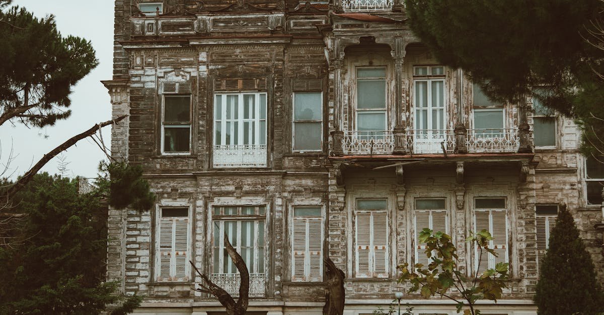 A dilapidated mansion with vintage architecture amidst a garden setting, showcasing intricate exterior details.