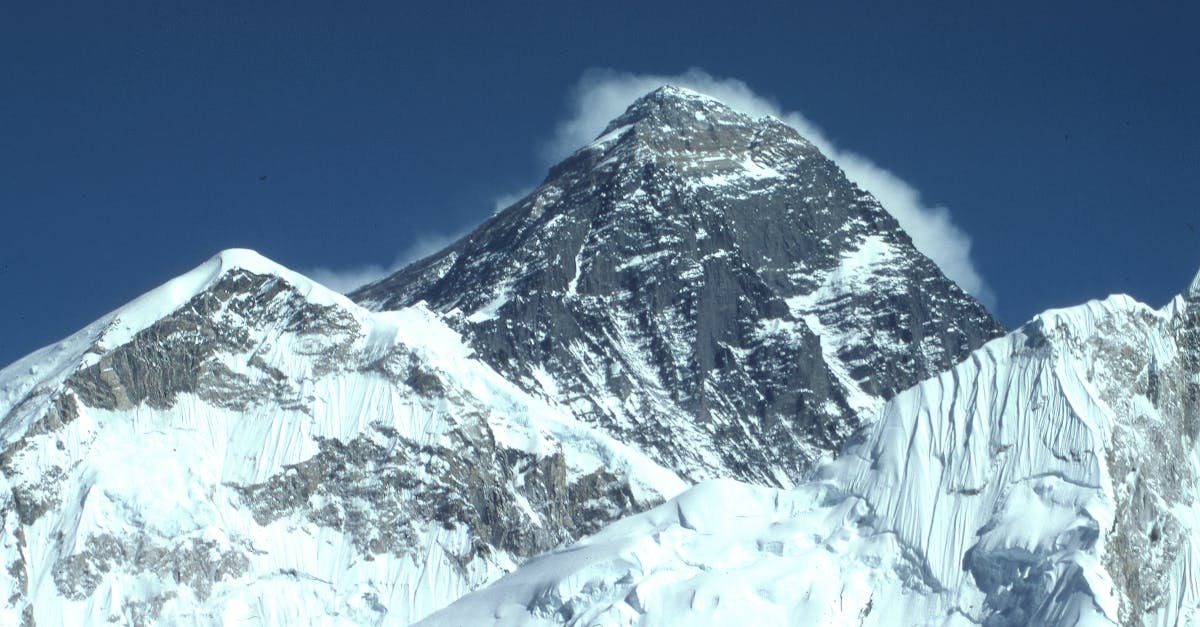 Majestic winter view of snow-covered Mount Everest under a clear blue sky, captured from Khumjung, Nepal.