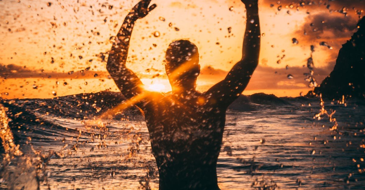 Silhouette of a person enjoying the ocean at sunset, creating a dynamic seascape scene.