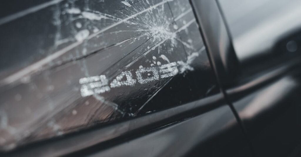 Close-up shot of a damaged Nissan 240SX window with shattered glass, emphasizing the texture and automotive details.