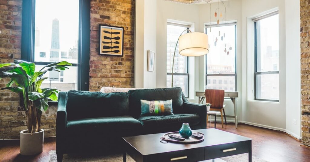 Contemporary living room with elegant decor and cozy furniture in urban setting.