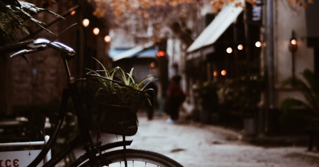 A vintage bicycle parked on a dimly lit urban street with fall leaves.