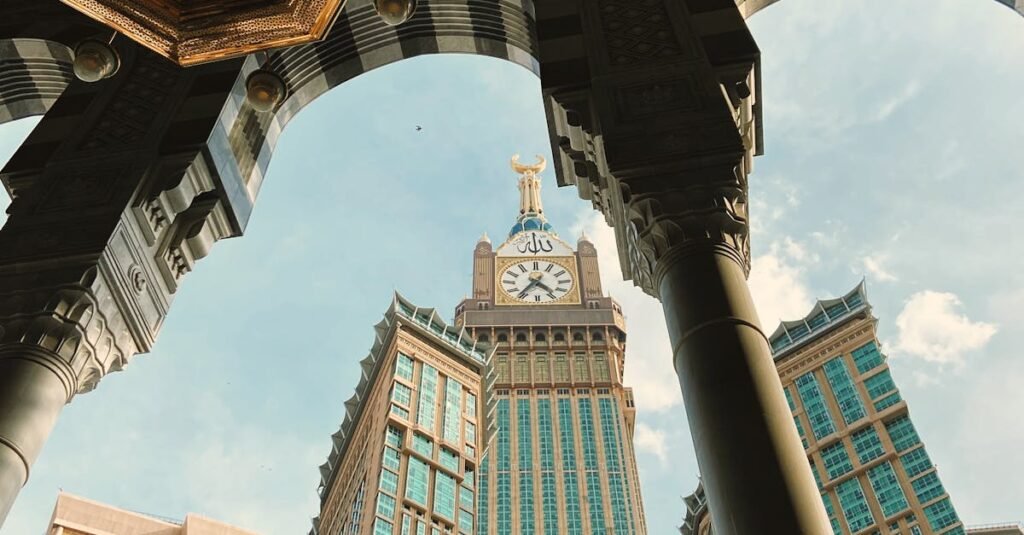 Stunning view of the Abraj Al Bait Towers, showcasing modern architecture in Mecca, Saudi Arabia.