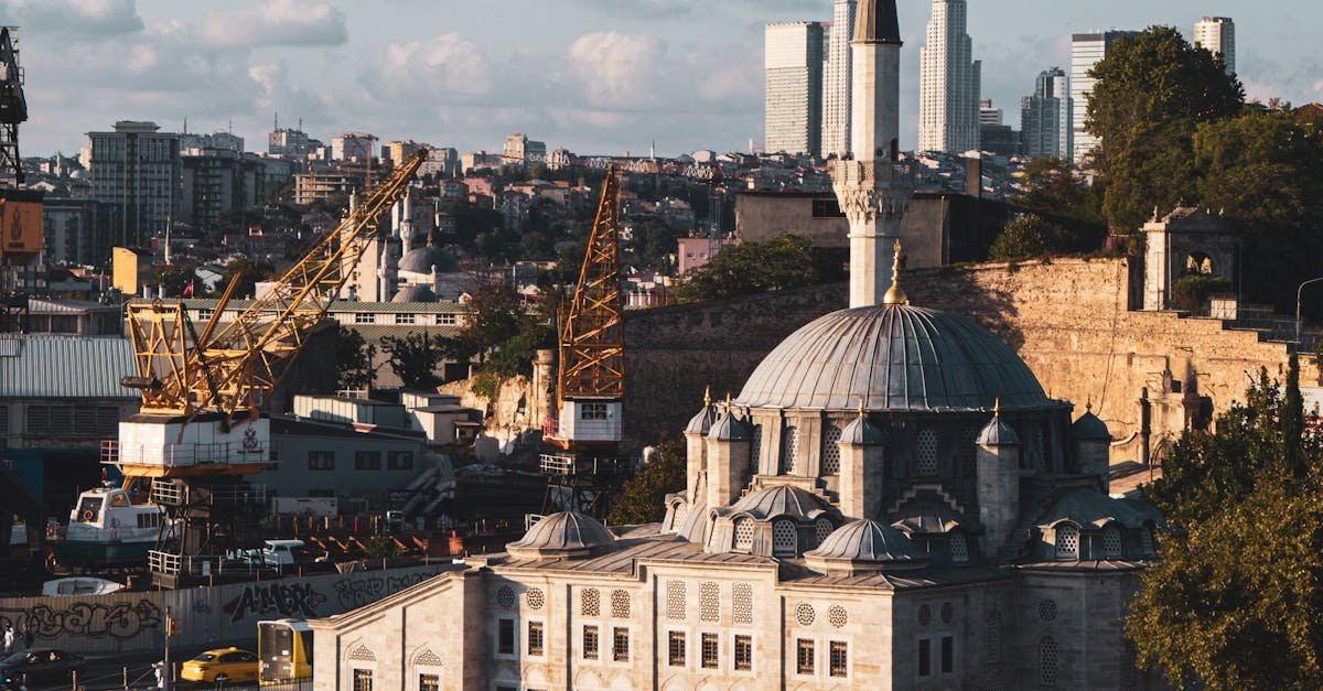 Scenic view of a historic mosque and urban skyline along the Golden Horn in Istanbul, at sunset.