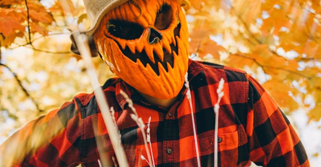 Spooky pumpkin-headed figure in red plaid shirt amidst Chicago's fall foliage, perfect for Halloween themes.