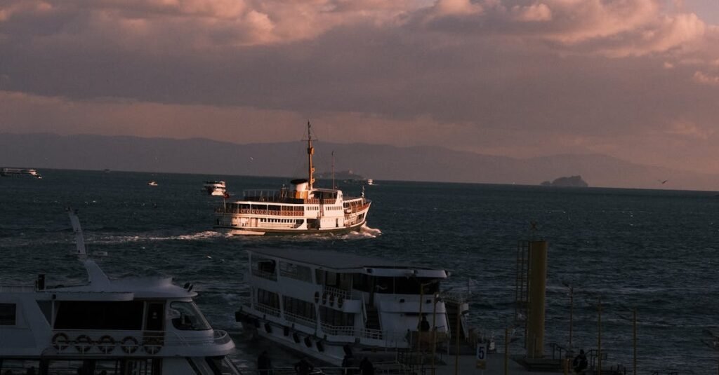 Capture of a ferry on the Bosphorus at sunset, with rich colors and dramatic clouds.