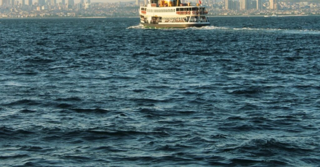 A ferry on the Bosphorus with Istanbul's skyline in the background, capturing a scenic travel moment.