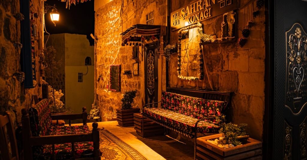 Warmly lit stone street in Mardin, Türkiye with decorative seating and traditional architecture at night.