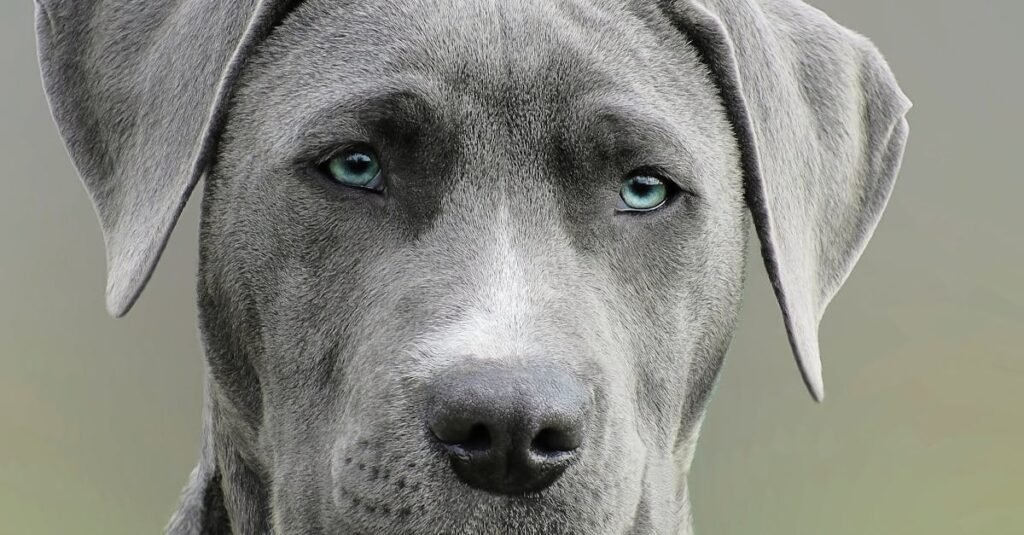 High-resolution close-up portrait of a gray dog with striking blue eyes, capturing elegant features.