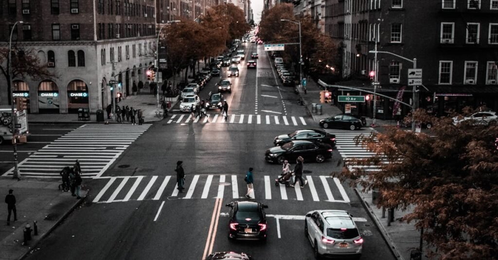 Aerial view of a bustling urban street lined with autumn trees and cars.