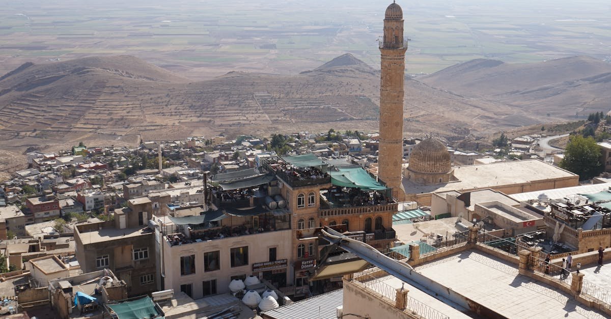 A scenic view of Mardin with its iconic minaret and surrounding landscape.